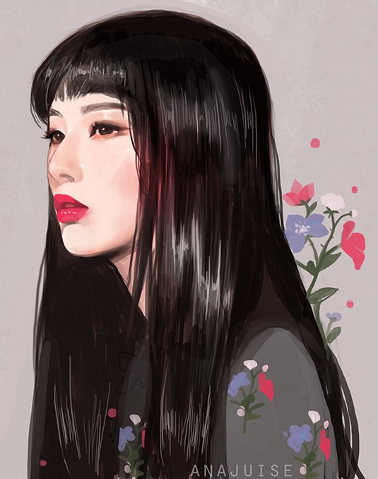 1girl, anajuise, animification, artist_name, black_hair, blunt_bangs, english_commentary, eyeliner