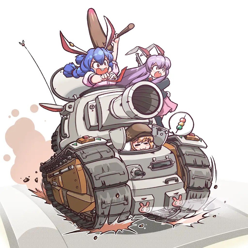 3girls, :3, animal_ears, bad_source, blazer, blue_dress, dango, dress, flat_cap, food, gun, hat, holding, holding_gun, holding_mallet, holding_weapon, image_sample, imagining, jacket, long_hair, mallet, military_vehicle, mirae_somang, motor_vehicle, multiple_girls, necktie, pointing, purple_hair, rabbit_ears, rabbit_girl, red_eyes, red_necktie, reisen_udongein_inaba, ringo_(touhou), seiran_(touhou), tank, touhou, wagashi, weapon