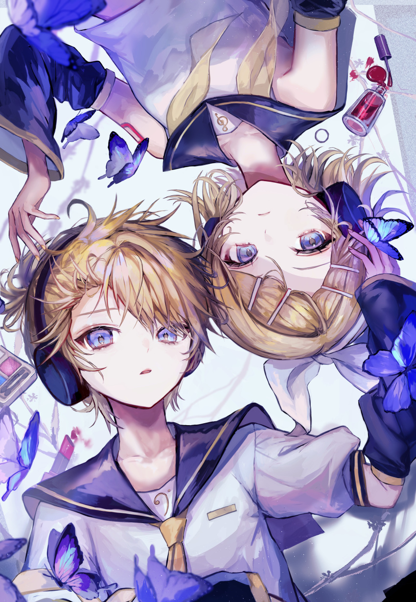 1boy, 1girl, absurdres, bass_clef, black_sailor_collar, black_sleeves, blonde_hair, blue_butterfly, blue_eyes, bow, breasts, bug, butterfly, closed_mouth, collarbone, commentary_request, detached_sleeves, eyeshadow_box, flipped_hair, from_above, hair_bow, hair_ornament, hairclip, hand_on_another's_head, headphones, heads_together, highres, kagamine_len, kagamine_rin, lipstick, looking_at_viewer, looking_up, lying, makeup, messy_hair, midriff_peek, nail_polish, nail_polish_bottle, nail_polish_brush, neckerchief, necktie, on_back, parted_bangs, parted_lips, pipi, plant, rotational_symmetry, sailor_collar, shirt, short_hair, short_sleeves, shoulder_tattoo, sleeveless, sleeveless_shirt, small_breasts, tattoo, thick_eyelashes, treble_clef, undone_neckerchief, upper_body, upside-down, vines, vocaloid, white_bow, white_shirt, wide_sleeves, yellow_nails, yellow_neckerchief, yellow_necktie