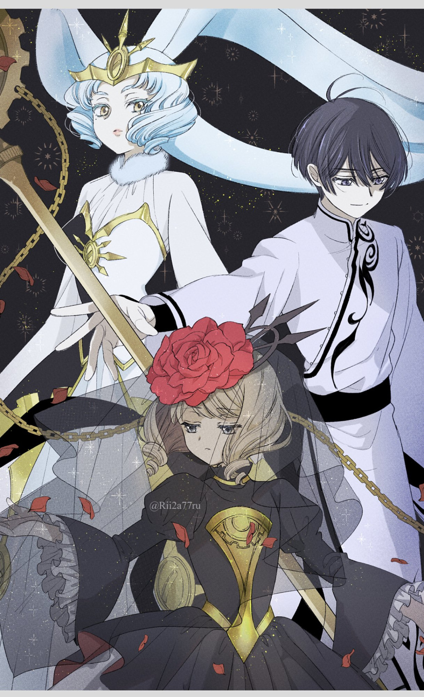 1boy, 2girls, black_dress, black_eyes, black_hair, blue_hair, brown_eyes, cardcaptor_sakura
