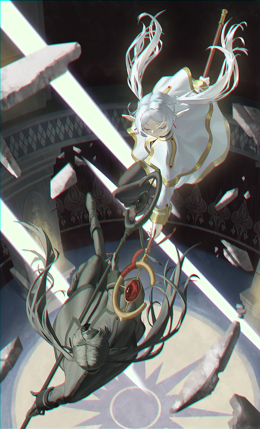 1girl, black_cat207, cape, doppelganger, dress, duel, earrings, elf, floating, frieren, highres, hite_hair, holding, holding_staff, jewelry, levitation, long_hair, mage_staff, pointy_ears, skirt, sousou_no_frieren, staff, striped_clothes, twintails, white_cape, white_dress, white_skirt