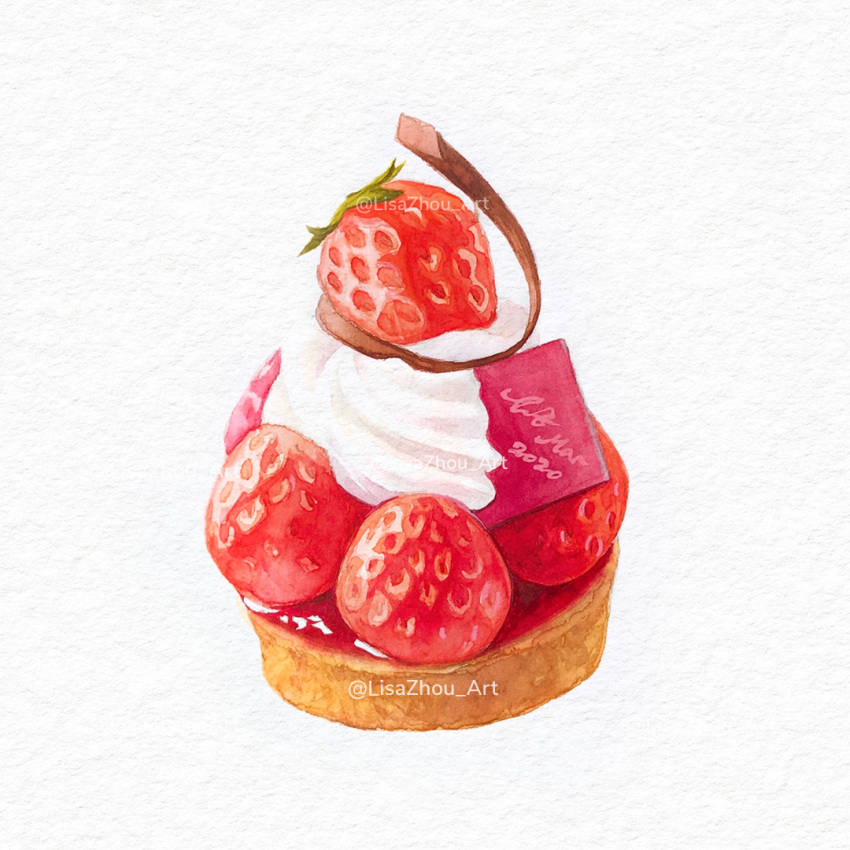 food, food_focus, fruit, lisazhou_art, no_humans, original, simple_background, strawberry, tart_(food), twitter_username, white_background