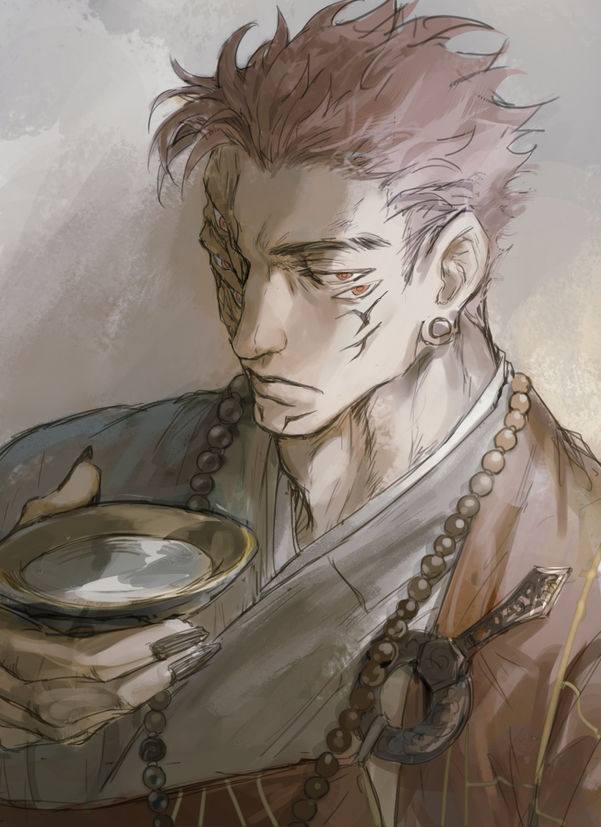1boy, absurdres, black_nails, cup, earrings, extra_eyes, highres, holding, holding_cup, japanese_clothes, jewelry, jujutsu_kaisen, lips, looking_at_viewer, male_focus, nail_polish, necklace, parted_lips, pink_hair, ryoumen_sukuna_(jujutsu_kaisen), ryoumen_sukuna_(true_form)_(jujutsu_kaisen), sakazuki, short_hair, solo, woshihedawei