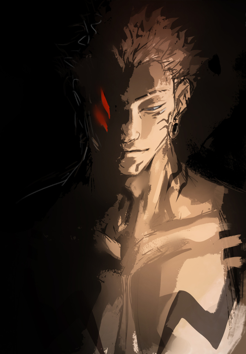1boy, absurdres, earrings, expressionless, extra_eyes, highres, jewelry, jujutsu_kaisen, male_focus, pink_hair, ryoumen_sukuna_(jujutsu_kaisen), ryoumen_sukuna_(true_form)_(jujutsu_kaisen), short_hair, sketch, solo, tattoo, topless_male, upper_body, woshihedawei