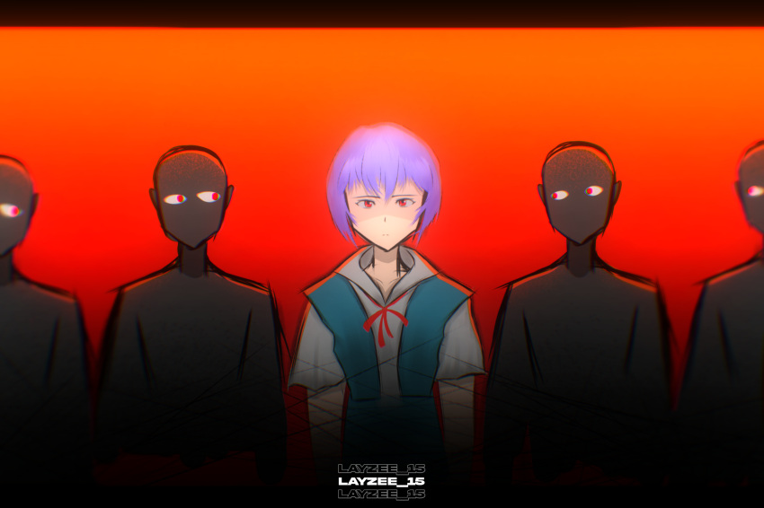 1girl, 4others, :|, absurdres, ayanami_rei, blue_hair, closed_mouth, highres, layzee_15, lineup, looking_at_viewer, multiple_others, neon_genesis_evangelion, red_background, red_eyes, red_ribbon, ribbon, self-upload
