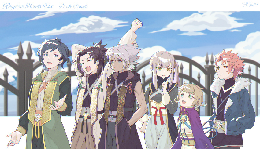 2girls, 4boys, :3, absurdres, arm_behind_head, arms_up, black_hair, black_robe