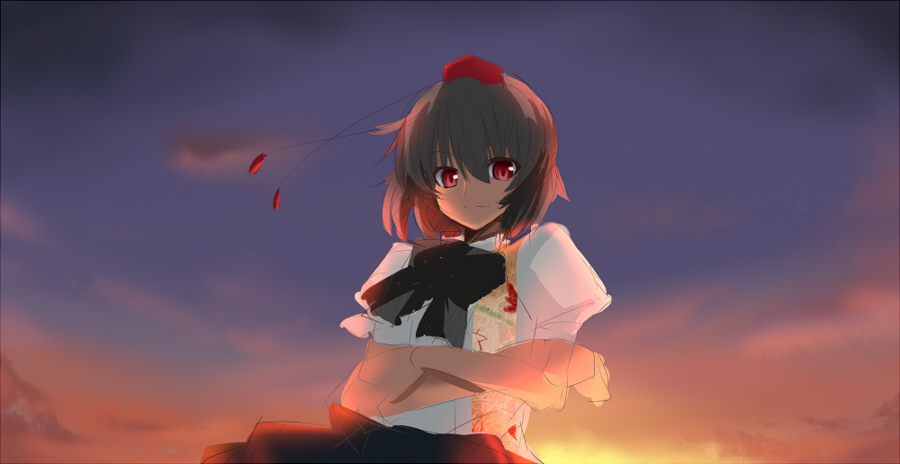 evening, hat, shameimaru_aya, short_hair, sketch, sky, solo, sunset