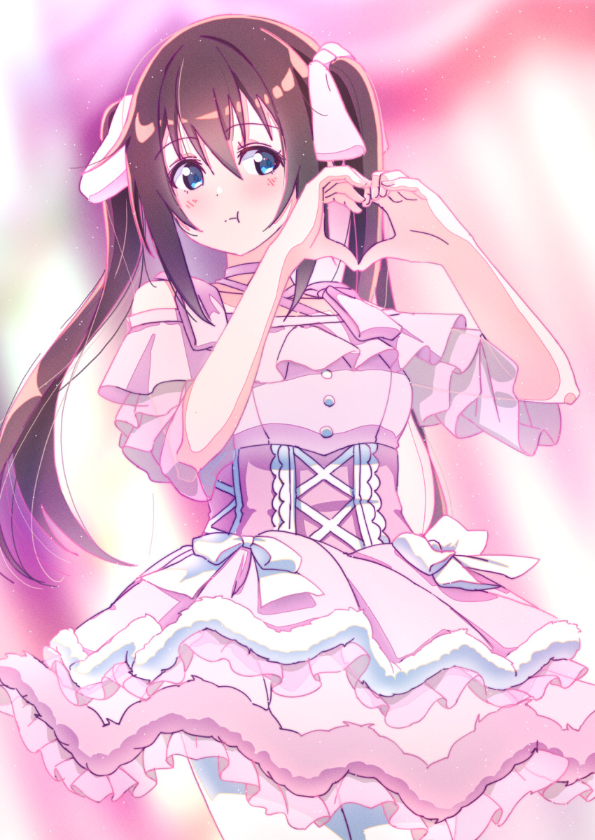 1girl, :t, ajapar, alternate_hairstyle, blue_eyes, blurry, blurry_background, blush