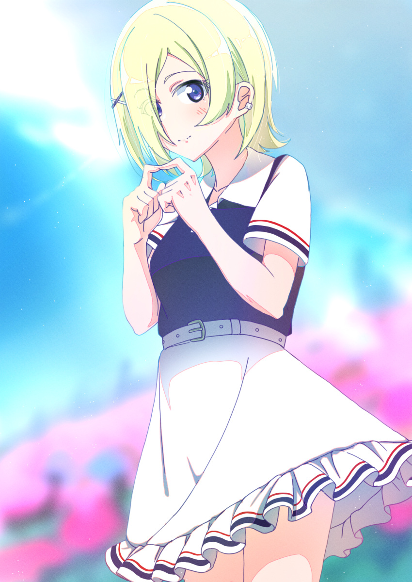 1girl, ajapar, belt, blonde_hair, blurry, blurry_background, closed_mouth, collared_shirt
