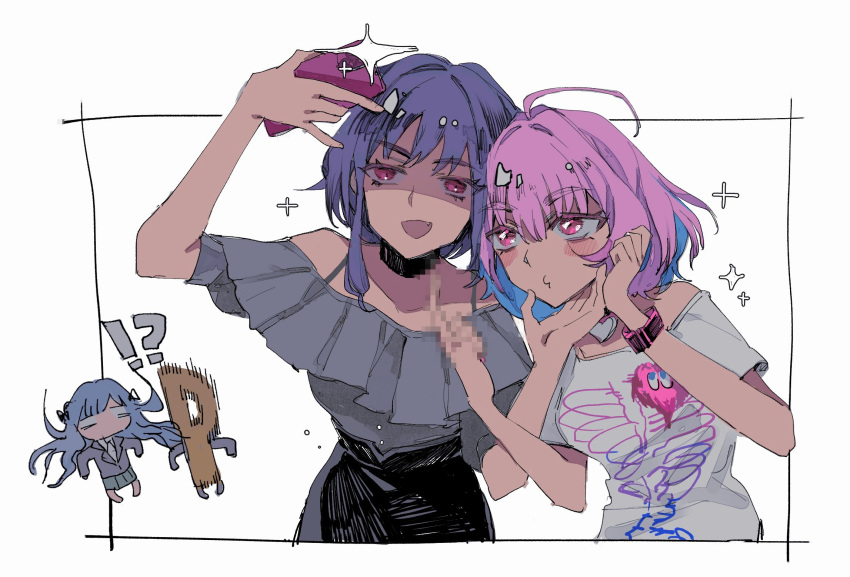 1other, 3girls, bang_dream!, bang_dream!_it's_mygo!!!!!, black_choker, blue_hair, blush, cellphone, choker, commentary_request, green_skirt, grey_jacket, grey_shirt, hand_on_another's_chin, haneoka_school_uniform, highres, holding, holding_phone, idolmaster, idolmaster_cinderella_girls, jacket, long_hair, long_sleeves, medium_hair, multiple_girls, off-shoulder_shirt, off_shoulder, p-head_producer, phone, pink_eyes, pink_hair, producer_(idolmaster), purple_hair, pursed_lips, reiboubyou, school_uniform, selfie, shirt, short_sleeves, simple_background, skirt, smartphone, sparkle, togawa_sakiko, watch, watch, white_background, white_shirt, yumemi_riamu, yuutenji_nyamu