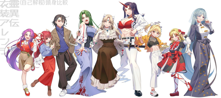 1boy, 6+girls, abs, adapted_costume, alternate_costume, angel, angel_wings, arm_hug