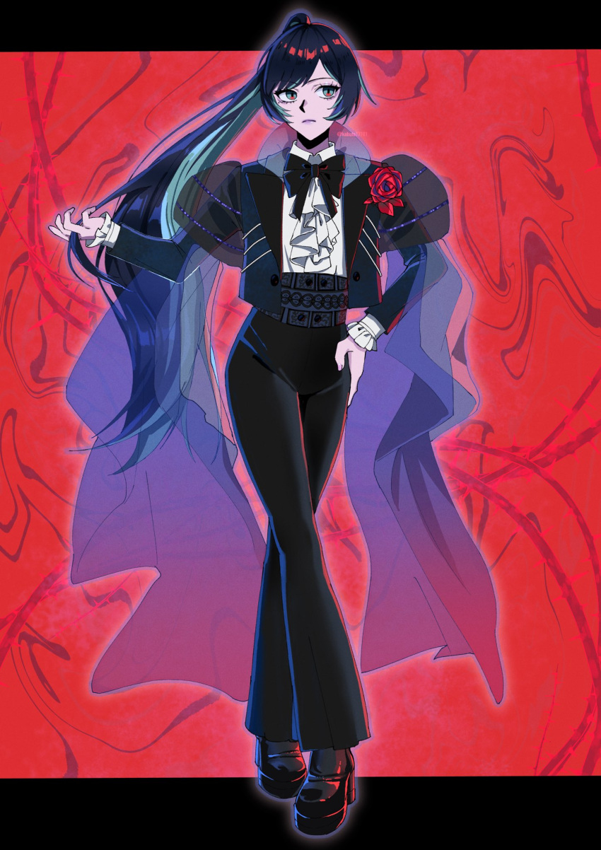 1girl, ado_(utaite), ascot, black_bow, black_bowtie, black_hair, black_jacket, black_pants