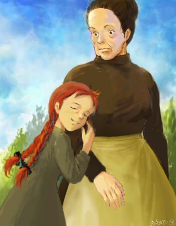 anne_of_green_gables, anne_shirley, arm_grab, braid, closed_eyes, hair_up, lowres, marilla_cuthbert, oekaki, old_woman, red_hair, redhead, sakai_yume, surprised, twin_braids
