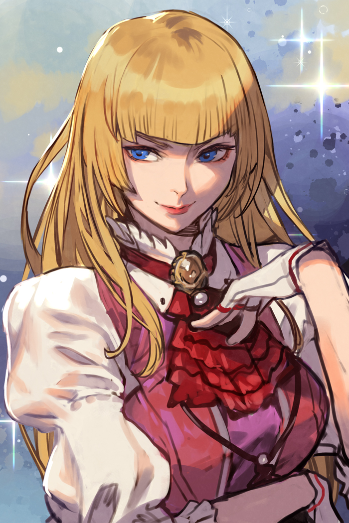1girl, ascot, blonde_hair, blue_eyes, dress, fingerless_gloves, gloves, hankuri