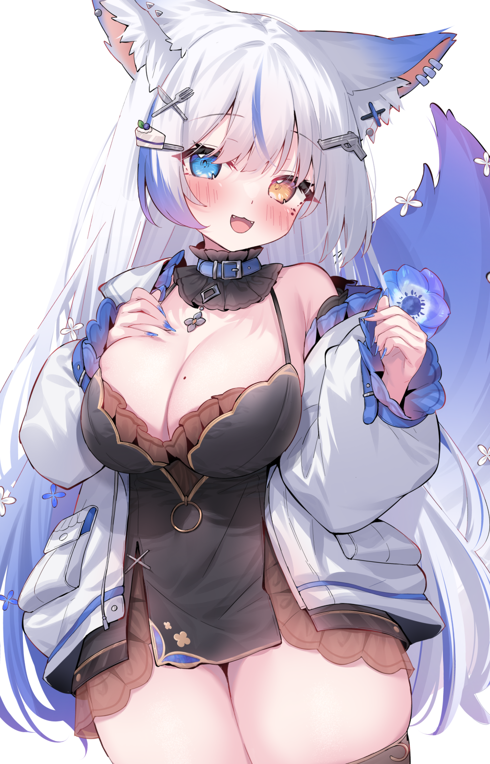 1girl, animal_ear_fluff, animal_ears, black_dress, blue_collar, blue_eyes, blue_hair, blue_nails