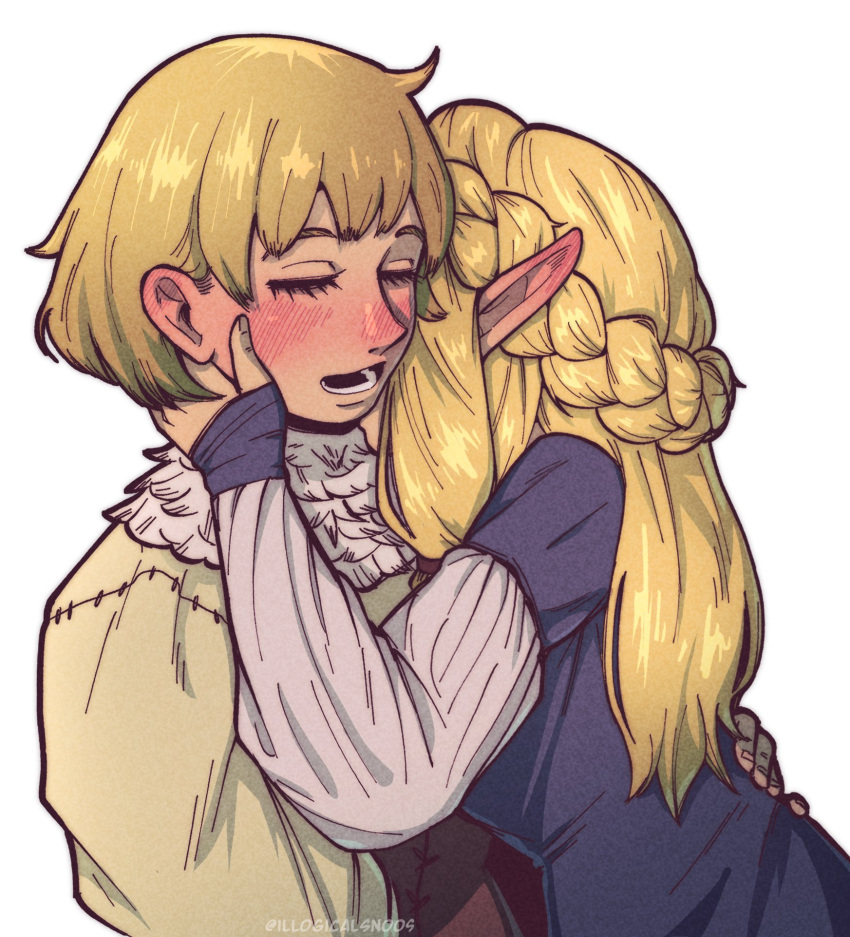 2girls, blonde_hair, braid, closed_eyes, dungeon_meshi, english_commentary, falin_touden, feathers, highres, illogical_snoos, kiss, kissing_neck, long_hair, lower_teeth_only, marcille_donato, multiple_girls, open_mouth, pointy_ears, short_hair, simple_background, teeth, white_background, yuri