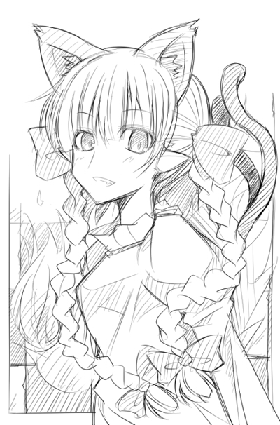 braid, cat_ears, grin, kaenbyou_rin, monochrome, sketch, smile, solo