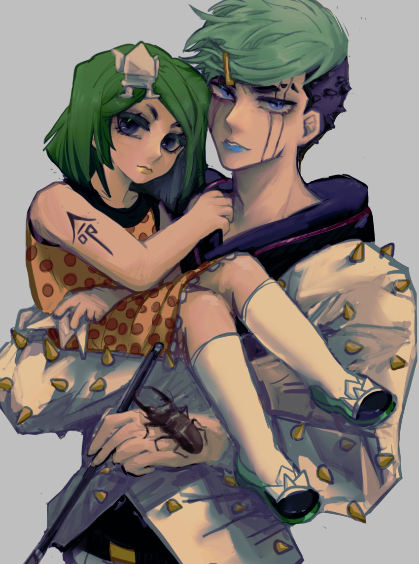 2boys, beetle, bug, carrying, child, clothes_grab, crossdressing, facial_mark