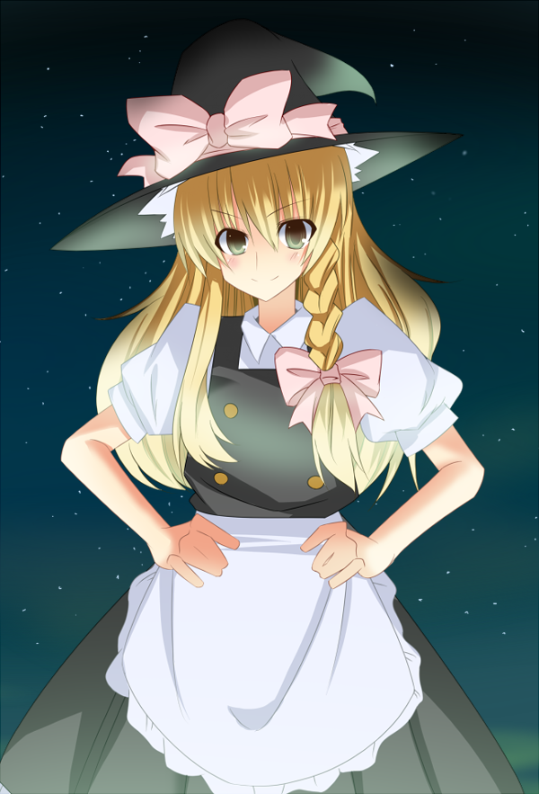 apron, blonde_hair, hands_on_hips, hat, kirisame_marisa, short_sleeves, solo, touhou
