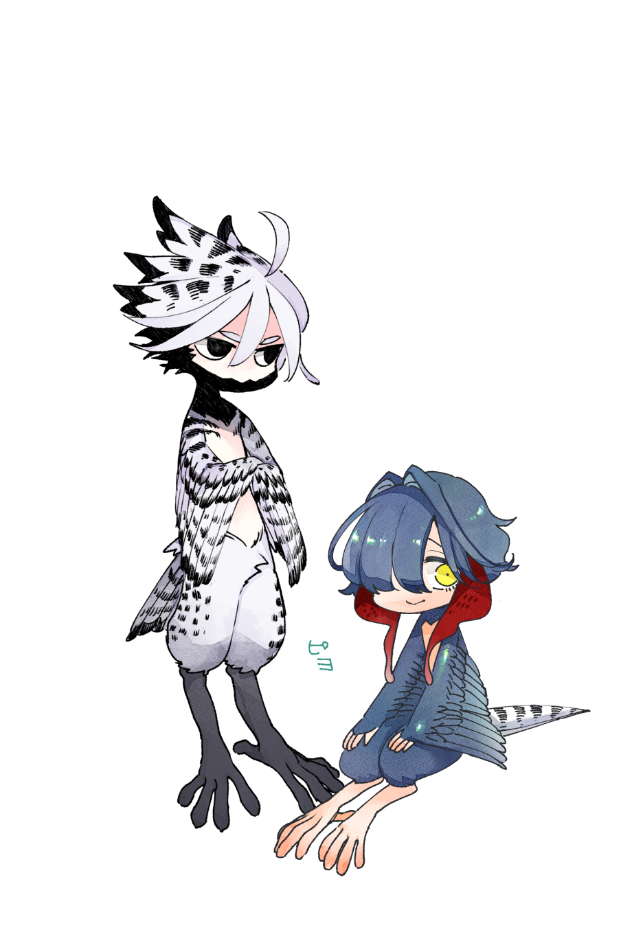 2boys, ahoge, androgynous, animal_feet, bird_legs, bird_tail, black_eyes, black_hair, blue_hair, blue_wings, closed_mouth, colored_tips, commentary_request, crossed_arms, feathered_wings, full_body, hair_intakes, hair_over_one_eye, hands_on_own_knees, harpy_boy, highres, hitsuka_no_tsuki_miko, long_hair, looking_at_viewer, looking_to_the_side, male_focus, monster_boy, multicolored_hair, multiple_boys, original, simple_background, sitting, smile, standing, tail, two-tone_hair, white_background, white_hair, winged_arms, wings, yellow_eyes
