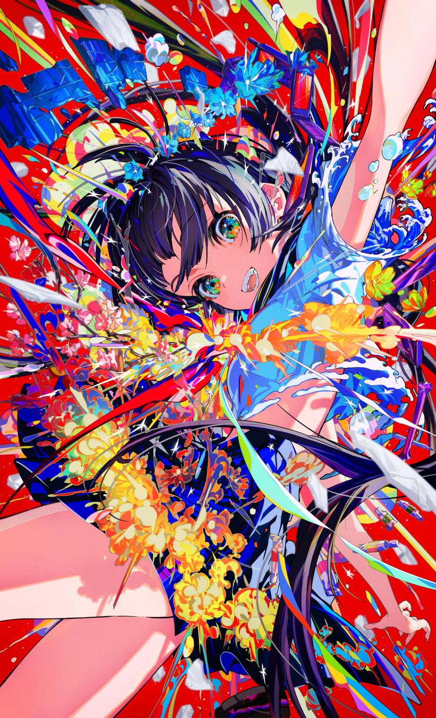 1girl, :d, absurdres, black_hair, broken_picture_frame, colorful, floating_hair, flower