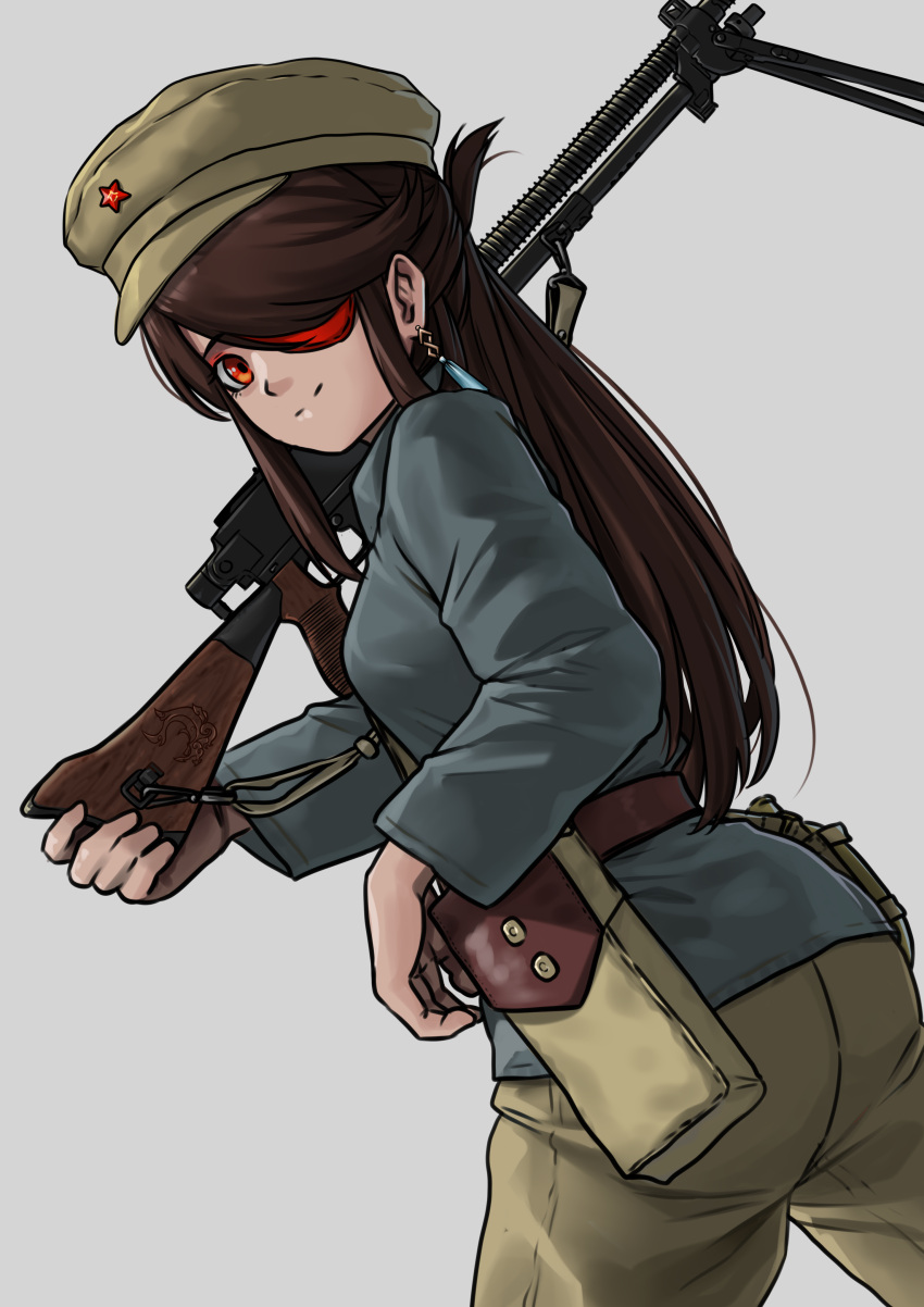 absurdres, ammunition_pouch, beidou_(genshin_impact), belt, brown_hair, chinese_civil_war, commission, earrings, eyepatch, genshin_impact, gun, highres, jewelry, machine_gun, magazine_(weapon), mardjan, military_uniform, pouch, red_eyes, second-party_source, single_earring, type_99_light_machine_gun, uniform, weapon
