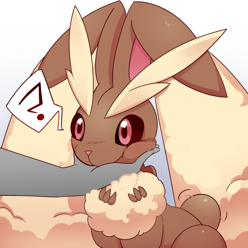 1boy, 1girl, ?, black_sclera, colored_sclera, gradient_background, grey_background, hand_on_another's_chin, highres, lopunny, pink_eyes, pkbunny, pokemon, pokemon_(creature), solo_focus, speech_bubble