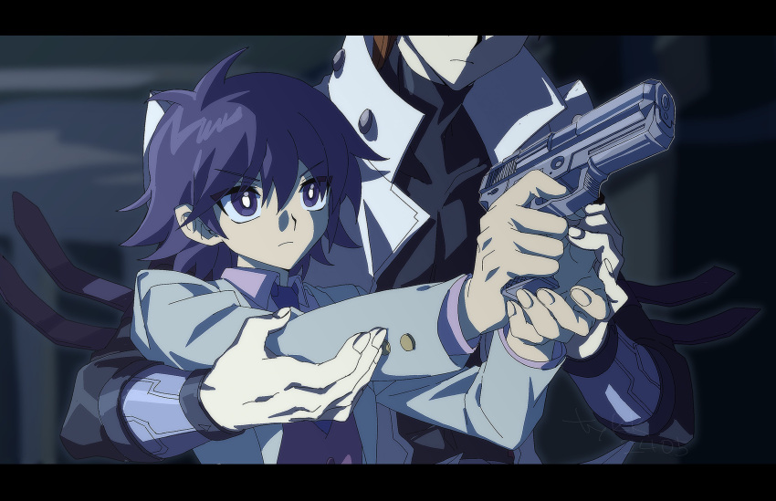 2boys, absurdres, black_shirt, blue_eyes, blue_hair, blurry, blurry_background, brother_and_sister