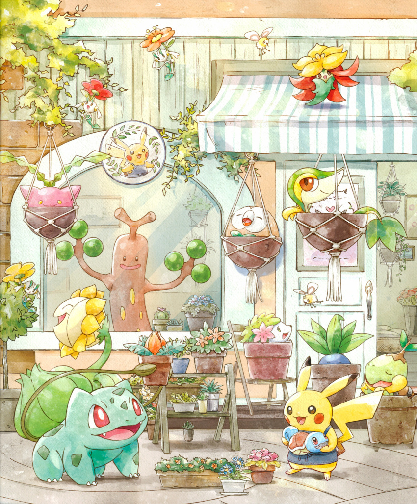 absurdres, blue_flower, building, bulbasaur, closed_eyes, cutiefly, floette, floette_(orange_flower)