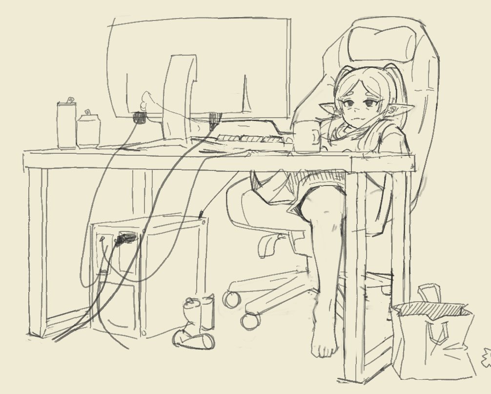 1girl, :3, bag, barefoot, can, chair, commentary, computer