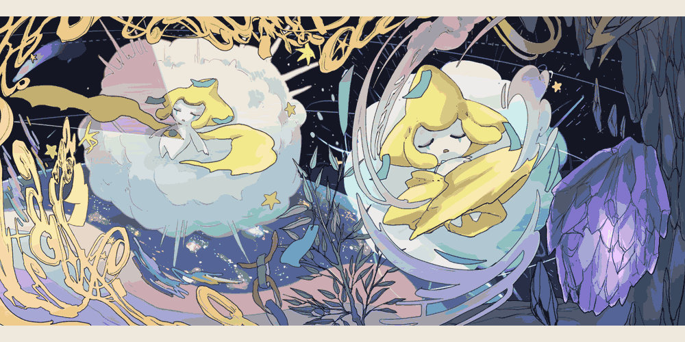 awai_(pixiv29777040), bamboo, closed_eyes, crystal, floating, jirachi, letterboxed, open_mouth