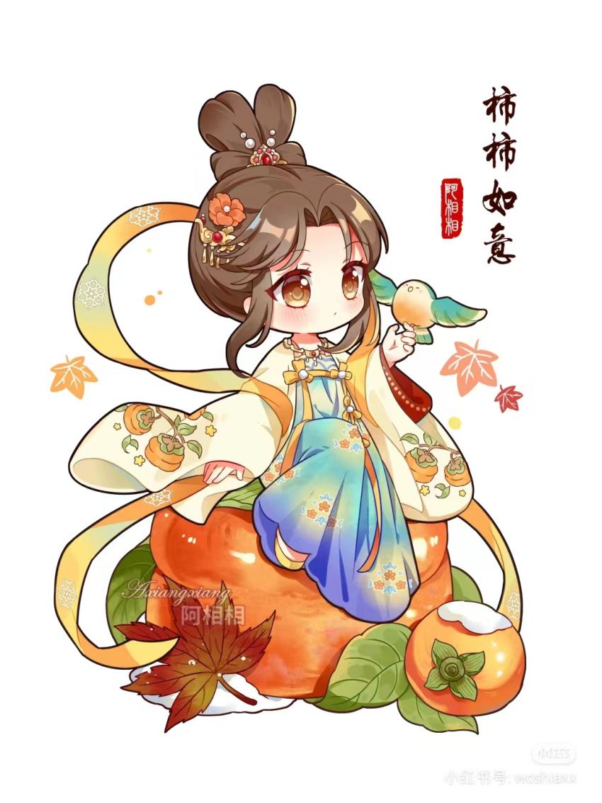 bird, chibi, chinese_clothes, fluttering_shawl, hanfu, highres, maple, non-web_source