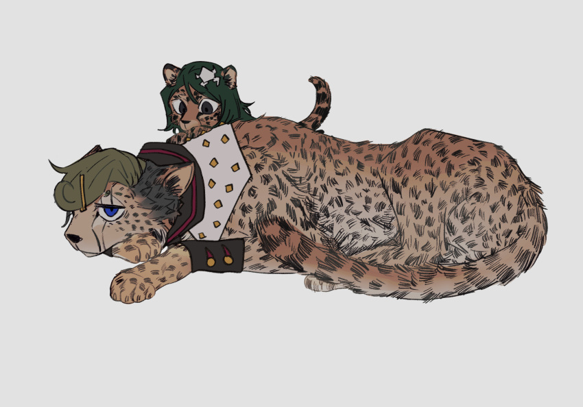 2boys, animalization, blue_eyes, cheetah, facial_mark, father_and_son, green_hair, hair_ornament, higashikata_jobin, higashikata_tsurugi, highres, jojo_no_kimyou_na_bouken, jojolion, lying, male_focus, multiple_boys, paper_moon_king, size_difference, spotted_fur, swampland, white_background, wrist_cuffs