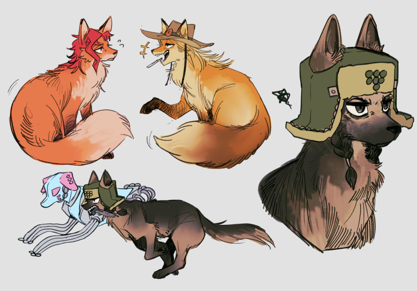 3boys, animal_focus, animalization, black_hair, blonde_hair, bomber_hat, braid, cowboy_hat