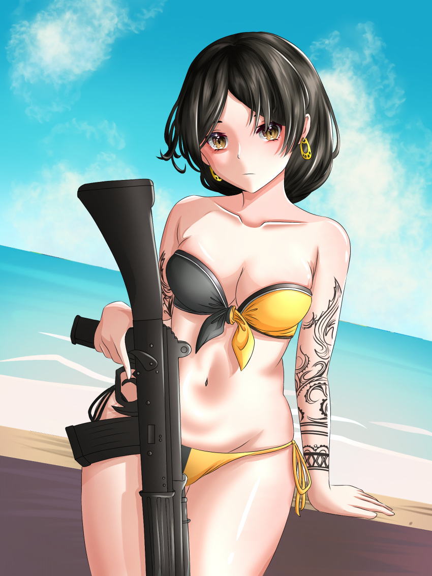 absurdres, ahomushi994, arm_tattoo, artist_request, assault_rifle, bikini, black_bikini, black_hair