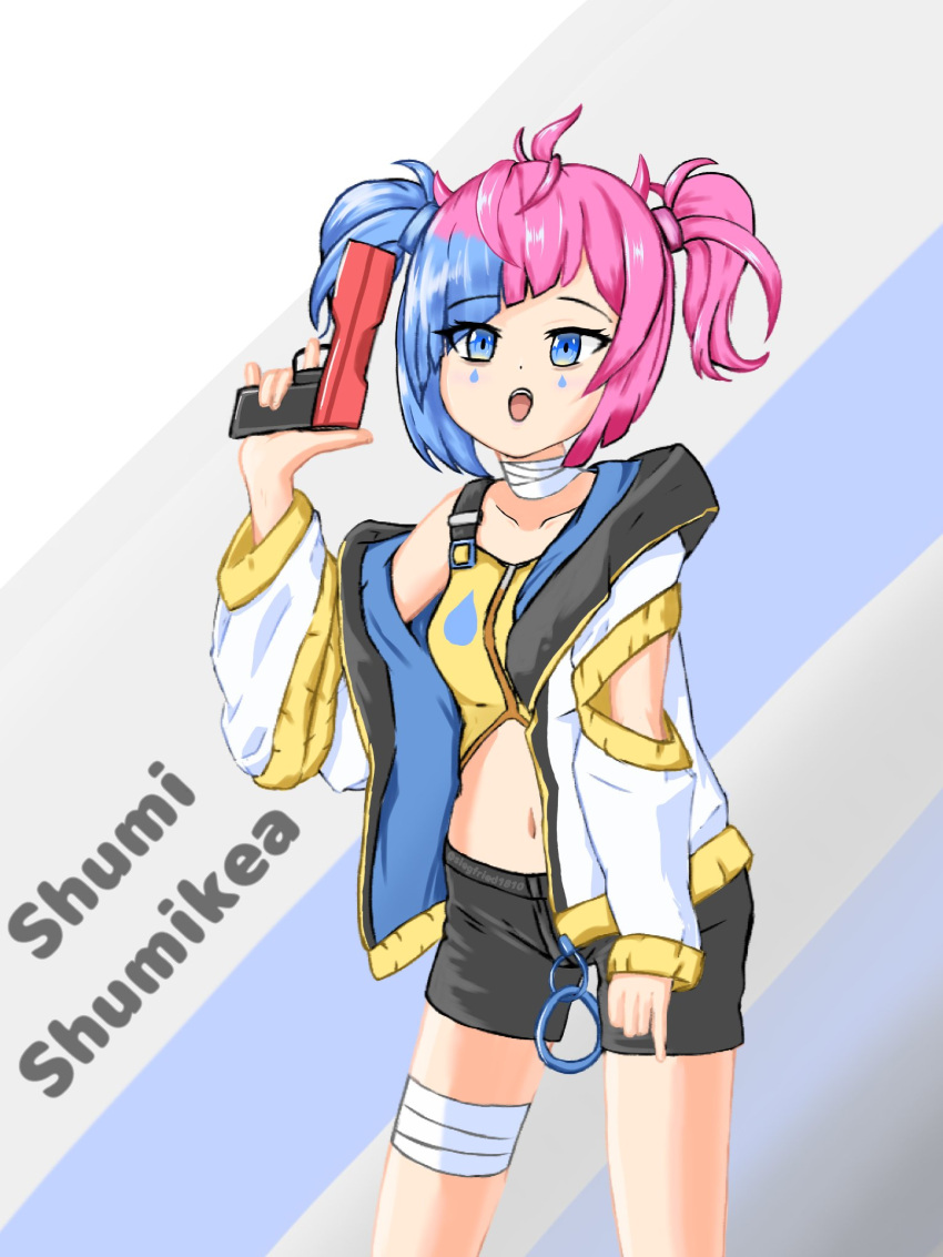 1girl, blue_eyes, gun, highres, holding, holding_gun, holding_weapon, multicolored_hair
