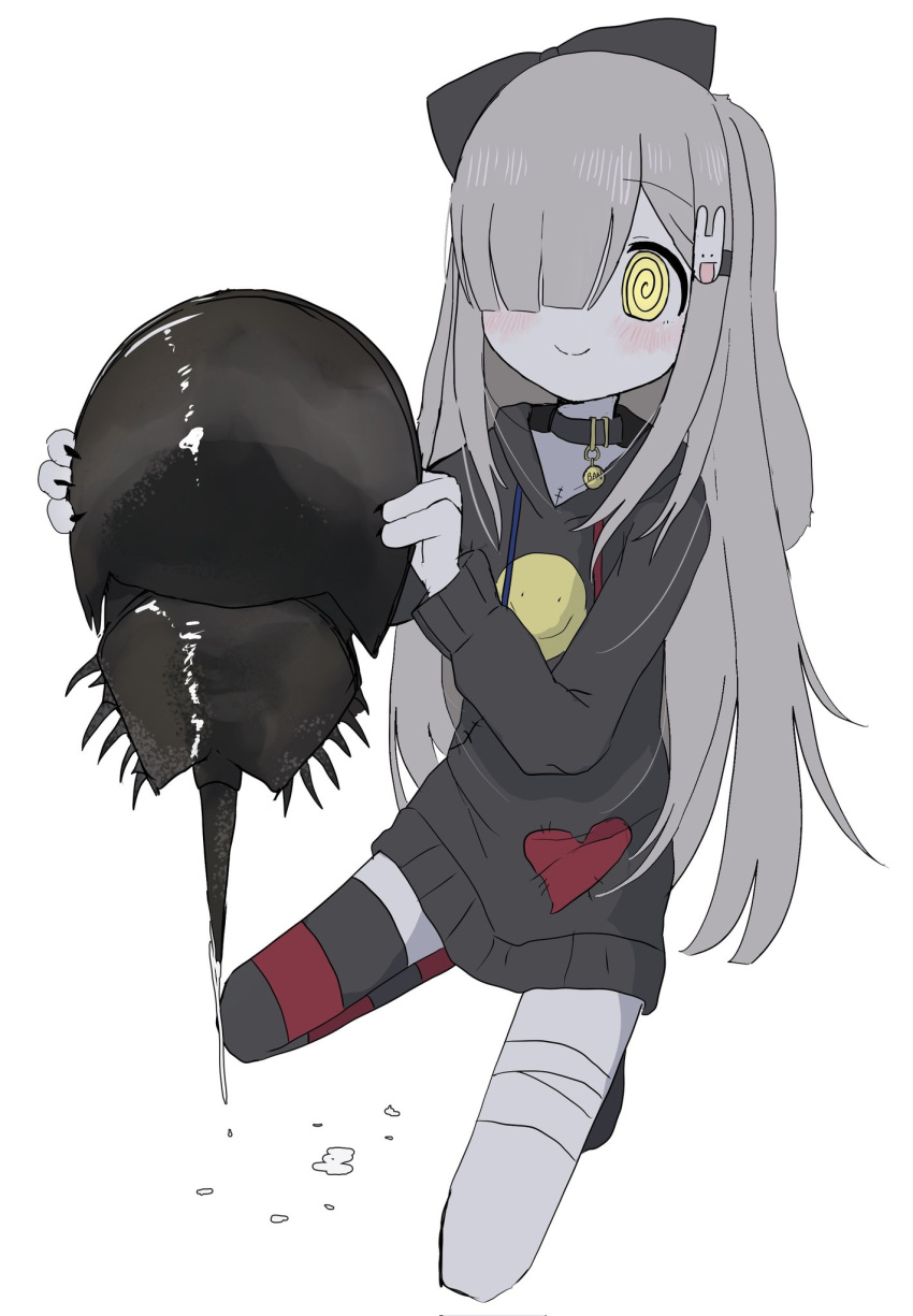 1girl, @_@, arthropod, choker, collar, crab, crustacean, grey_hair