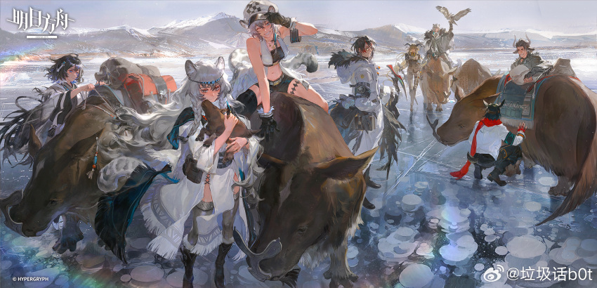 4boys, 4girls, ahoge, animal, animal_ears, arknights, arm_support, armband