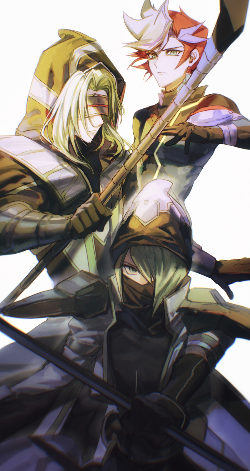 3boys, absurdres, armor, bad_id, bad_lofter_id, black_gloves, black_robe, blindfold