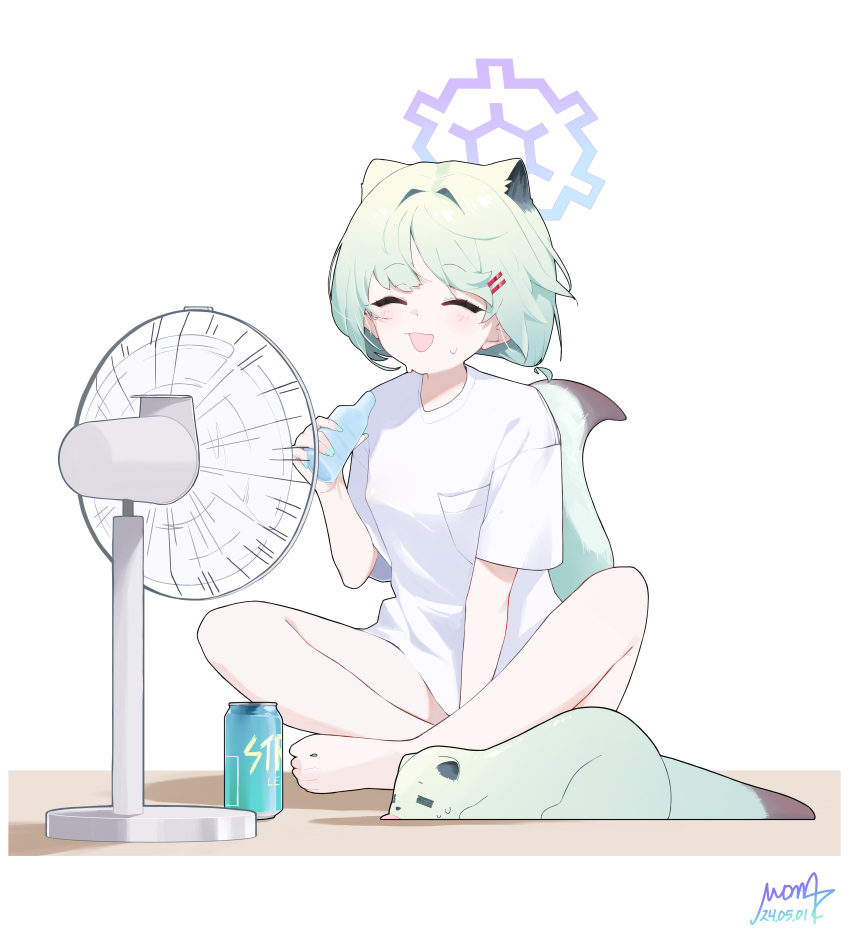 1girl, ^_^, absurdres, alternate_costume, animal_ear_fluff, animal_ears, bare_legs, barefoot