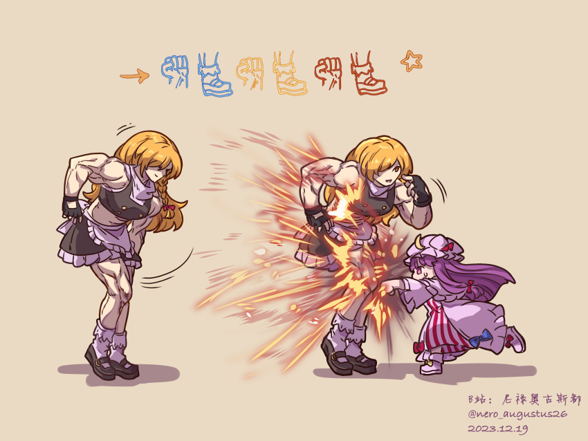 2girls, absurdres, alternate_muscle_size, apron, artist_name, black_footwear, black_shirt, blonde_hair