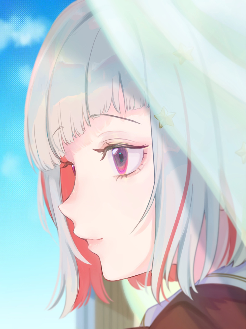 1girl, absurdres, blue_sky, bob_cut, closed_mouth, colored_inner_hair, commentary_request, diagonal_bangs, grey_hair, hair_ornament, hasu_no_sora_school_uniform, highres, inverted_bob, link!_like!_love_live!, lips, looking_ahead, love_live!, multicolored_hair, ni4ki19, pink_eyes, polka_dot, polka_dot_background, portrait, profile, redhead, sailor_collar, school_uniform, short_hair, sky, smile, solo, star_(symbol), star_hair_ornament, streaked_hair, virtual_youtuber, white_sailor_collar, winter_uniform, yugiri_tsuzuri