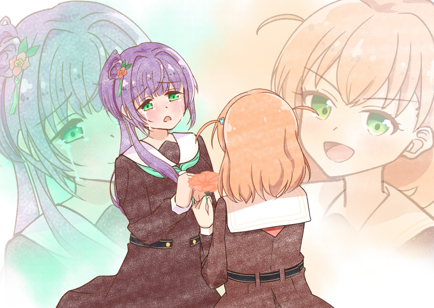2girls, :d, absurdres, blush, brown_dress, cerise_bouquet, closed_mouth, commentary_request