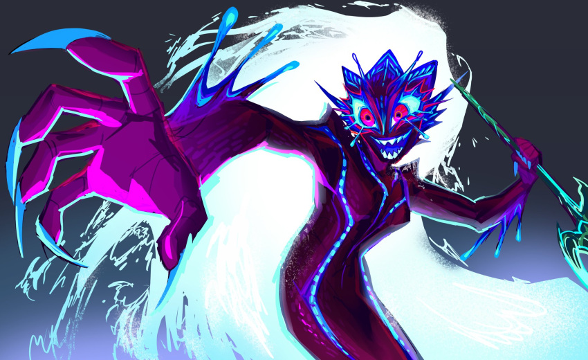 1girl, breasts, fingernails, highres, holding_trident, holographicros3, liquid_hair, long_hair