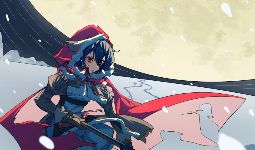 1girl, animal_ear_hood, backlighting, black_hair, black_sky, blood, blood_on_face, brown_dress