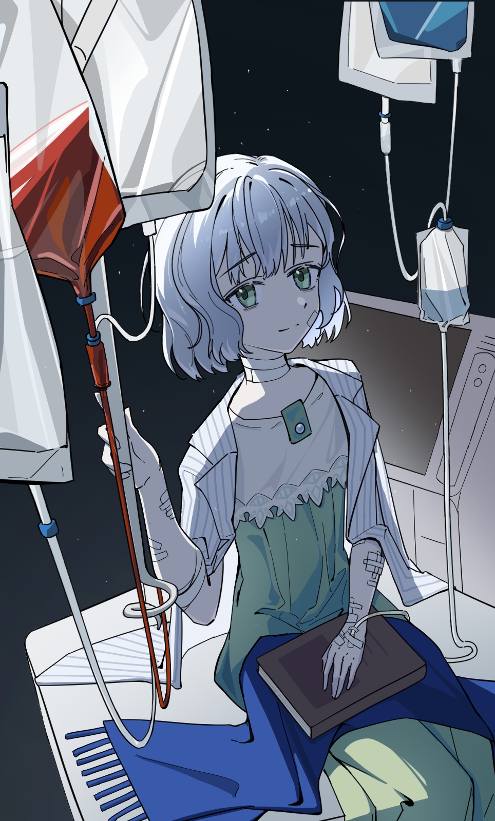 1girl, backlighting, bandaged_neck, bandages, bandaid, bandaid_on_face, black_background, blue_scarf
