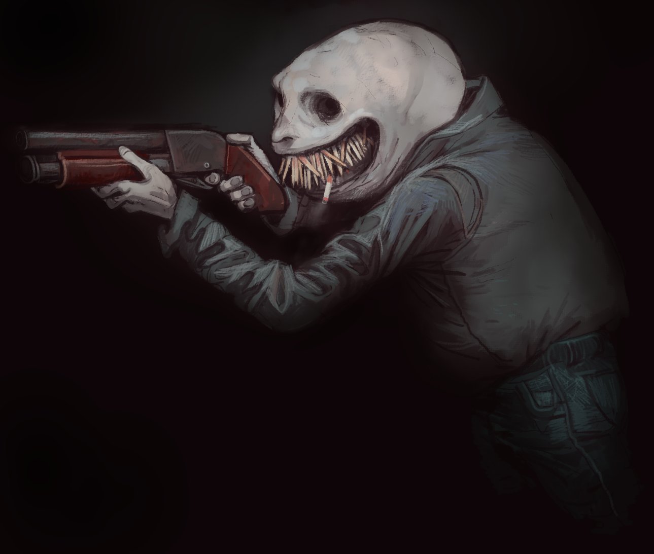 1boy, aiming, black_background, black_jacket, blue_pants, buckshot_roulette, cigarette, crooked_teeth, dark, dealer_(buckshot_roulette), finger_on_trigger, grin, gun, holding, holding_cigarette, holding_gun, holding_weapon, hollow_eyes, horror_(theme), jacket, monster, mossacannibalis, nose, pale_skin, pants, sawed-off_shotgun, sharp_teeth, shotgun, smile, solo, standing, teeth, weapon