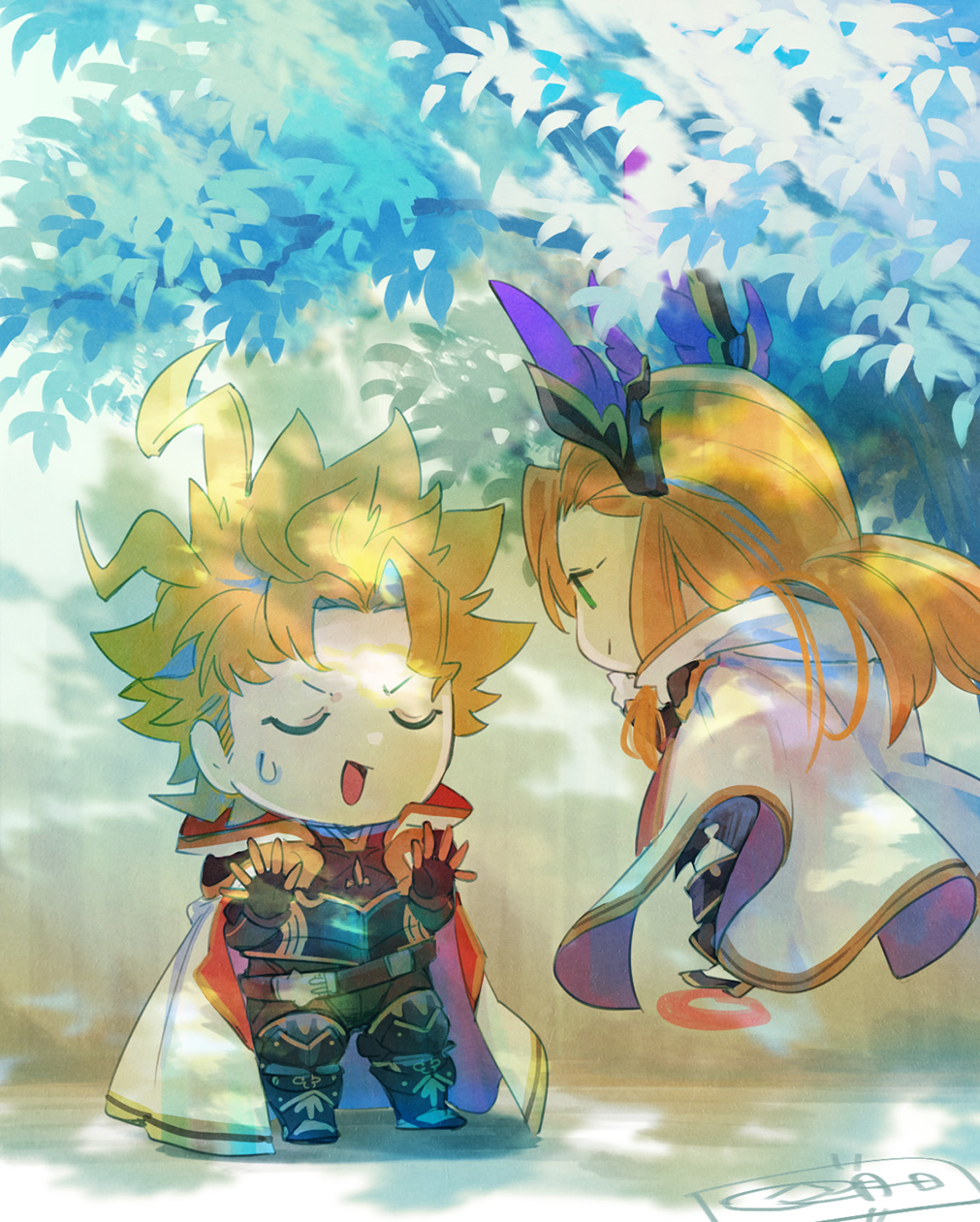 armor, brown_hair, cape, chest_armor, chibi, granblue_fantasy, hair_ornament, head_wings