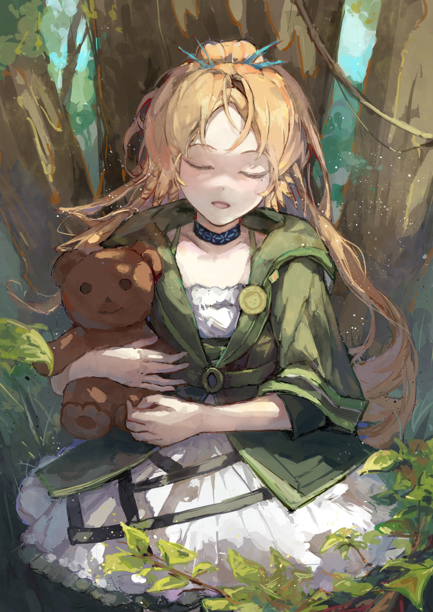1girl, absurdres, arknights, black_choker, blonde_hair, choker, closed_eyes, commentary_request