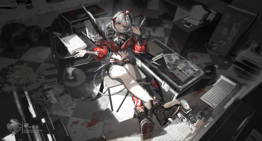 1girl, absurdres, antennae, arknights, black_footwear, black_jacket, black_shorts, blood_on_ground, boots, box, briefcase, cabinet, camera, checkered_floor, commentary_request, crossed_legs, dark, demon_horns, demon_tail, finger_gun, finger_gun_to_head, grey_hair, hands_up, highres, horns, indoors, jacket, john_f._kennedy, keyboard_(computer), looking_at_viewer, makinohara_ue, map, medium_hair, monitor, mouse_(computer), multicolored_clothes, multicolored_jacket, newspaper, open_mouth, puffy_sleeves, real_life, red_eyes, red_jacket, refrigerator, shorts, smile, solo, tail, tire, trash_can, two-tone_jacket, w_(arknights), wide_shot, wis'adel_(arknights)